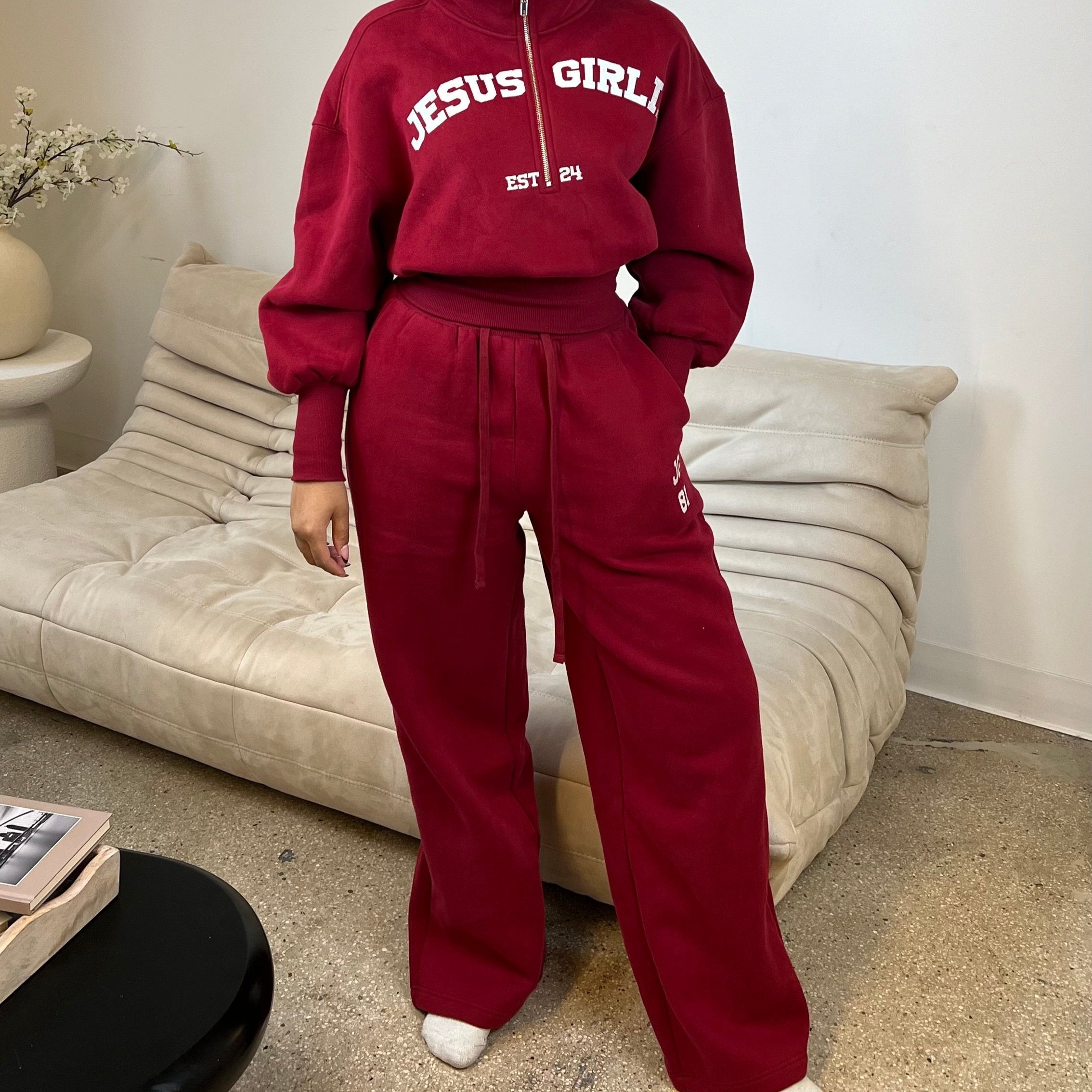 Front of Jesus Girlie Varsity Sweatpants with Set
