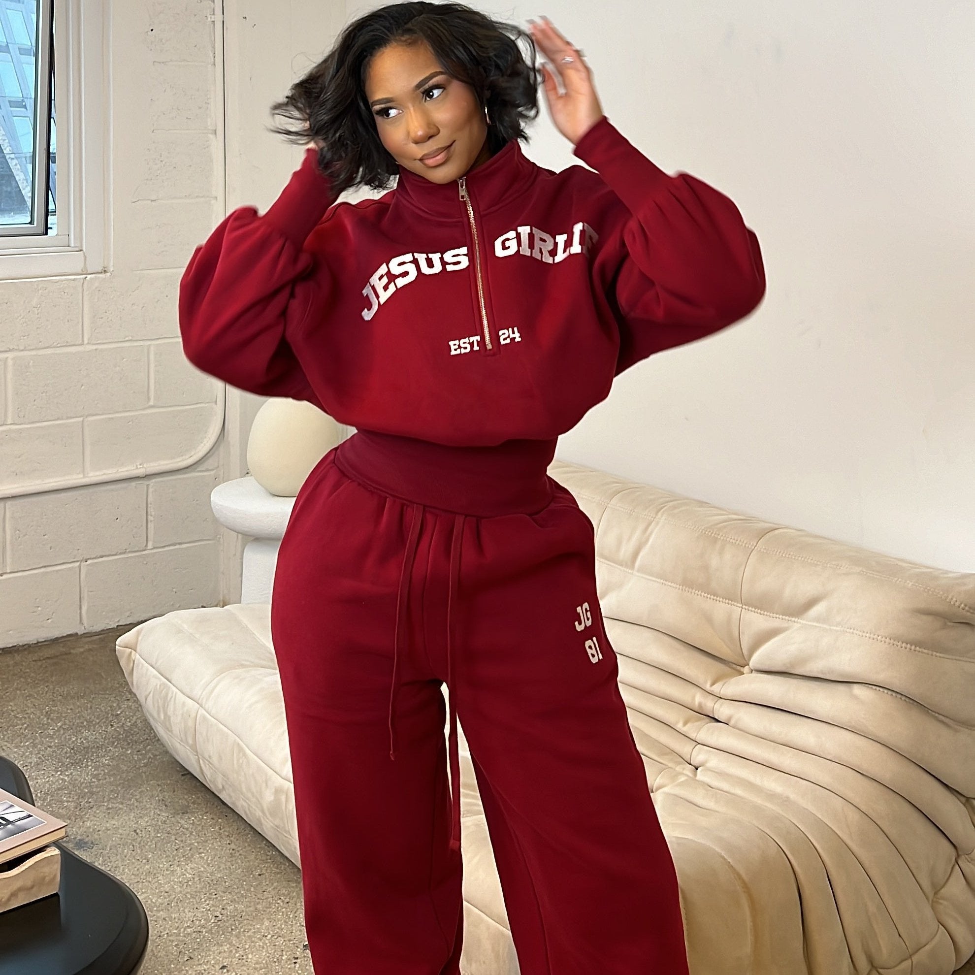 Front of Jesus Girlie Varsity Sweatpants with Set