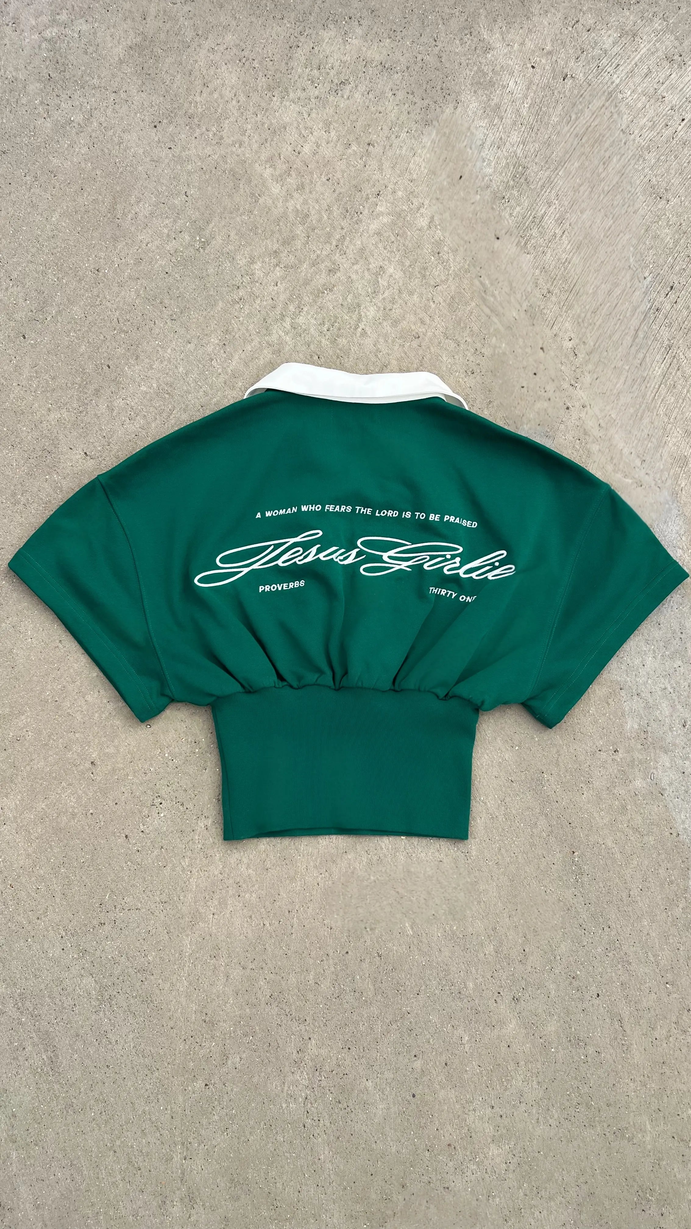 Back of Collar’d in Grace V Neck Forest Green All Things Jesus