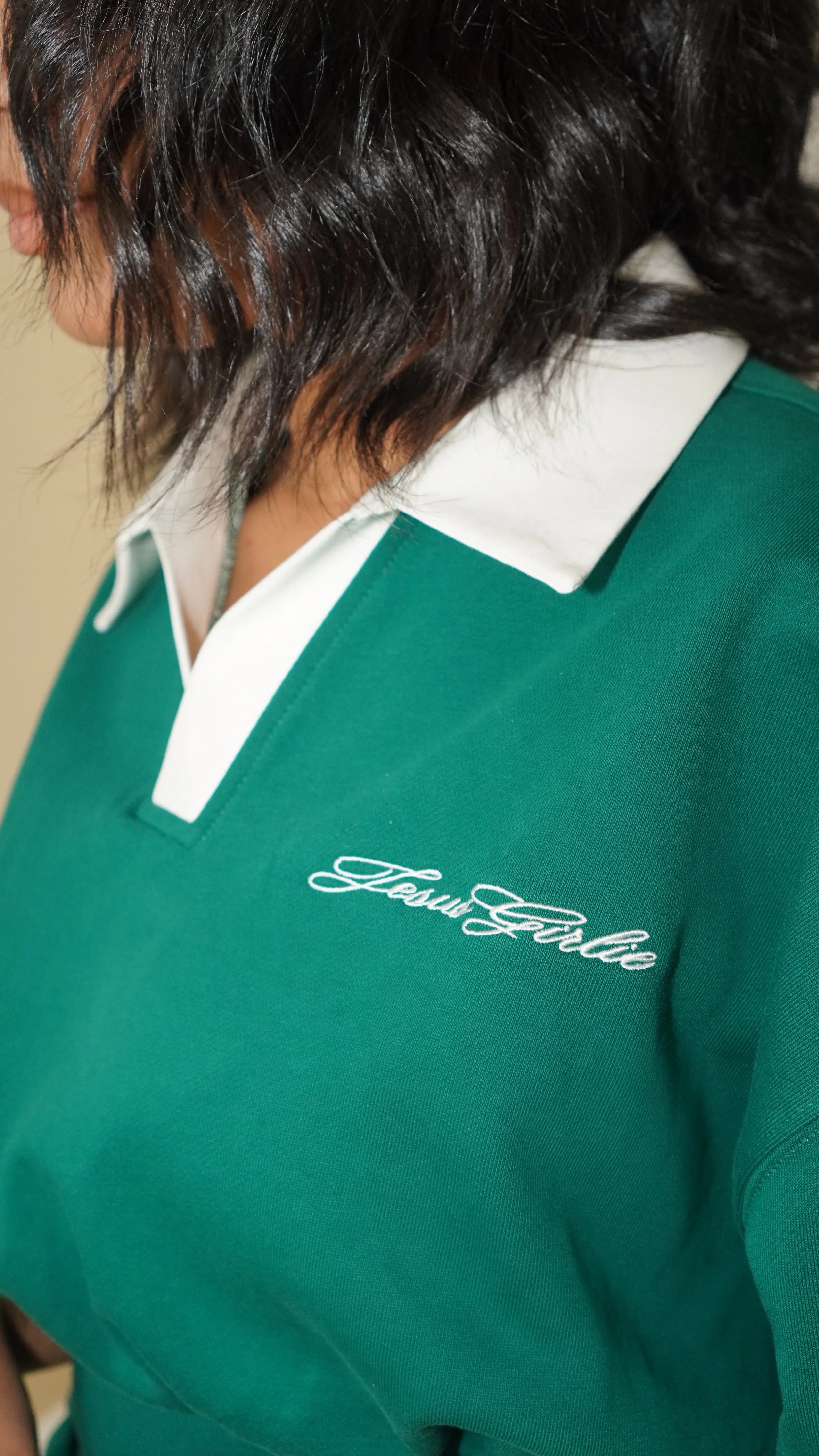 Embroidery detail front of Collar’d in Grace V Neck Forest Green All Things Jesus